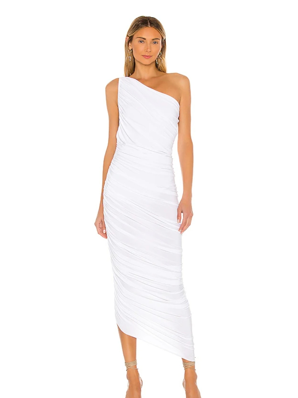 Norma Kamali One-Shoulder White Ruched Midi Dress